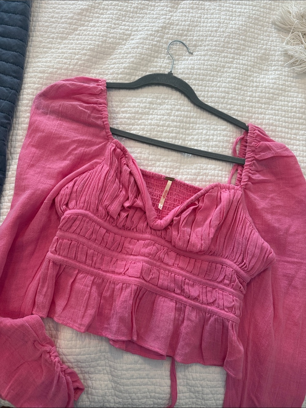 Pink Women's Smocked Peasant Crop Top - FREE PEOPLE